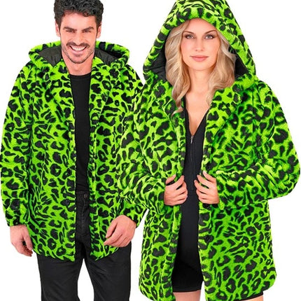 Widmann SRL Bontjas met muts pluche luipaard neon groen Daan