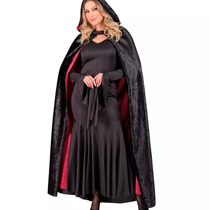 Widmann SRL Cape met kap zwart fluweel met rode binnenvoering 140cm Maud