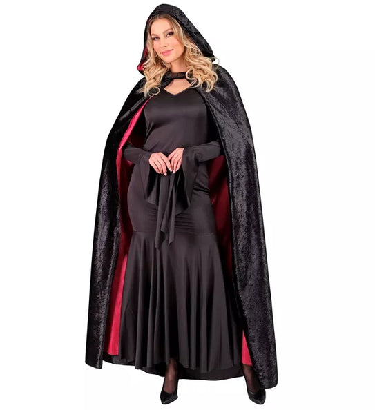 Widmann SRL Cape met kap zwart fluweel met rode binnenvoering 140cm Maud