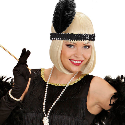 Widmann SRL Charleston hoofdband met veer zwart pailletten