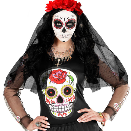 Widmann SRL Day of the dead lange sluier met rode rozen