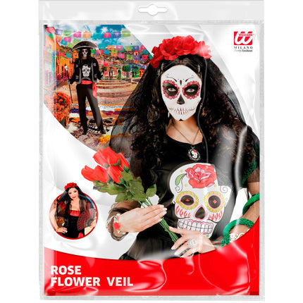 Widmann SRL Day of the dead lange sluier met rode rozen