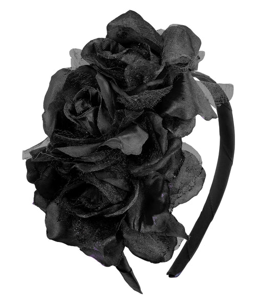 Diadeem day of death met drie zwarte glitterrozen en tule blaadjes op een smalle beklede haarband