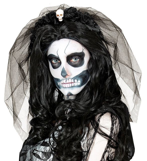 Widmann SRL Diadeem  day of death met 6 rozen  schedel en sluier zwart