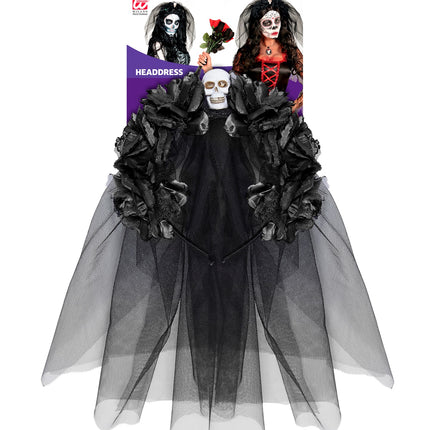 Widmann SRL Diadeem  day of death met 6 rozen  schedel en sluier zwart