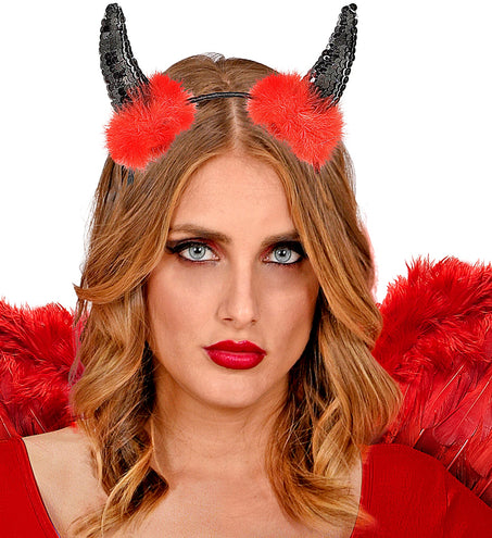 Widmann SRL Diadeem zwarte duivel hoorntjes met rode marabou