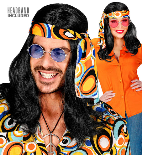 Widmann SRL Disco pruik hippie met hoofdband zwart