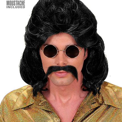 Widmann SRL Disco pruik seventies man zwart met snor