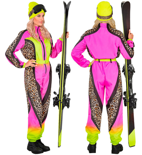 Widmann SRL Fout Ski Pak Snowboarder Luipaard Roze/Geel - Retro Skipak | Jaren 80 Foute Kleding