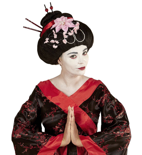Widmann SRL Geisha pruik met stokjes en bloemen