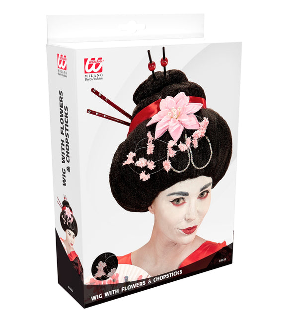Widmann SRL Geisha pruik met stokjes en bloemen