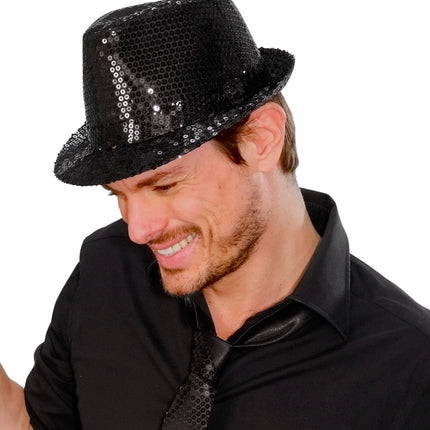 Widmann SRL Glitter gleufhoed zwart pailletten