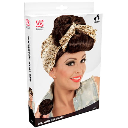 Widmann SRL Grease pruik Betty bruin met doek
