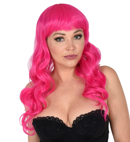 Widmann SRL Hard roze pruik met pony en lang krullend haar