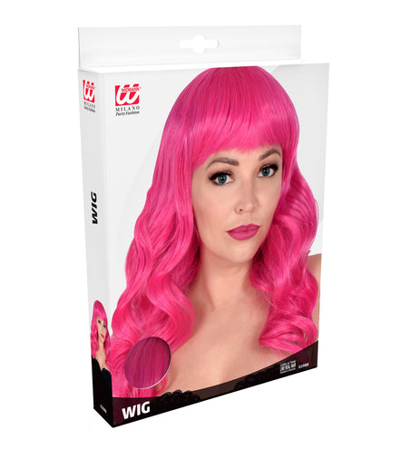 Widmann SRL Hard roze pruik met pony en lang krullend haar