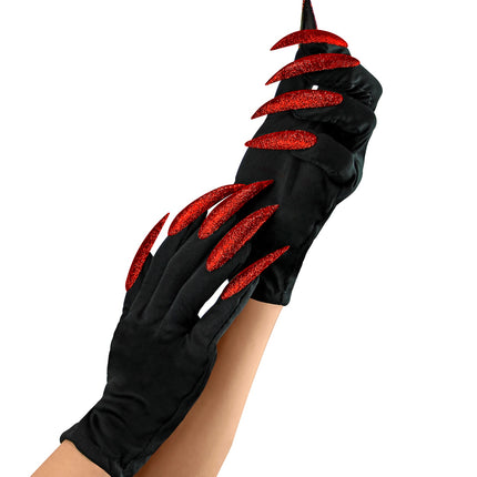 Widmann SRL Heksen handschoenen zwart met rode nagels