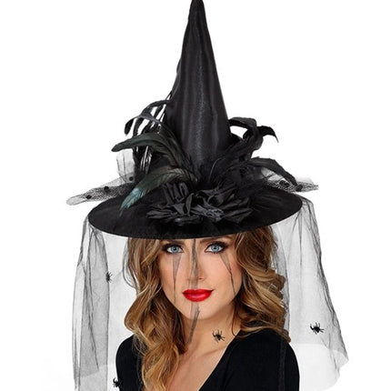 Widmann SRL Heksenhoed met tule, bloemen en veren Mats