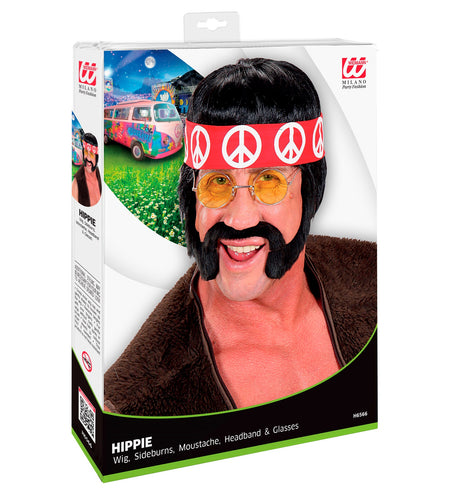 Widmann SRL Hippie pruik met hoofdband en snor