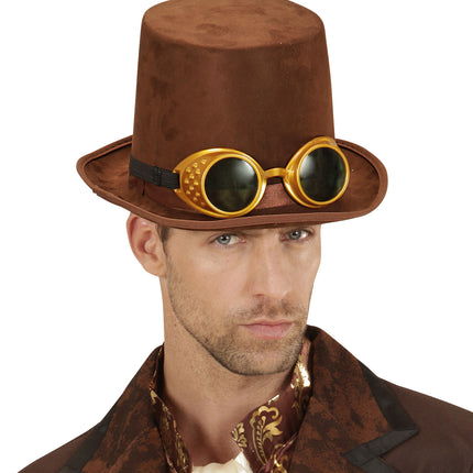 Widmann SRL Hoge hoed steampunk bruin met stofbril
