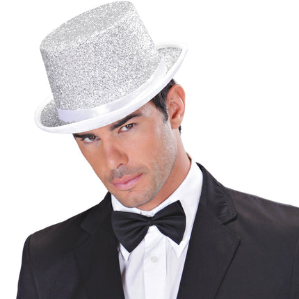 Widmann SRL Hoge hoed zilver glitter lurex