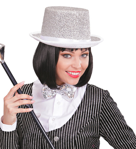 Widmann SRL Hoge hoed zilver glitter lurex