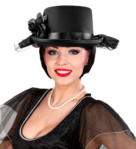 Widmann SRL Hoge hoed zwart met tule en zwarte roos