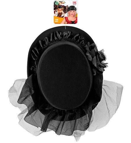 Widmann SRL Hoge hoed zwart met tule en zwarte roos
