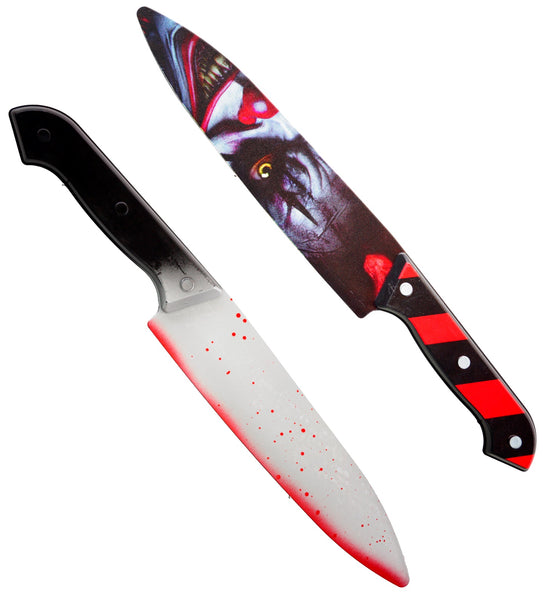 Horrorclown mes met bloed van 31 cm, twee zijden met clownsprint en bespat lemmet