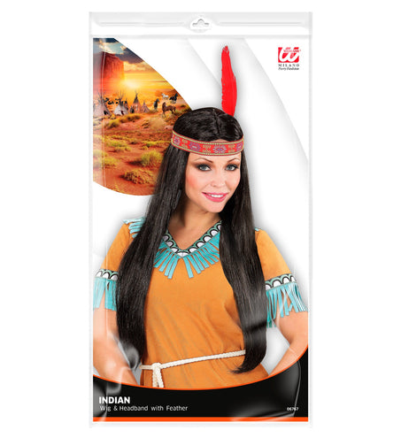 Widmann SRL Indianen pruik hoofdband met veer dames
