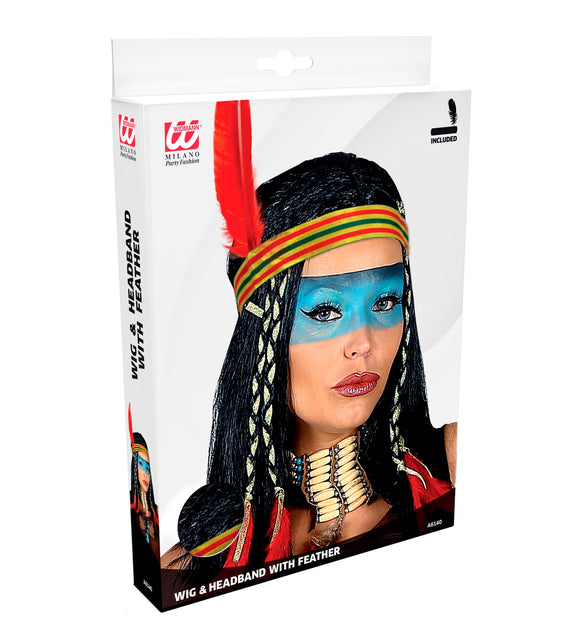 Widmann SRL Indianen pruik met vlechten en veer