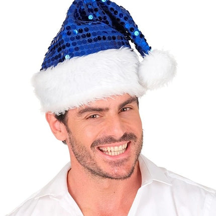Widmann SRL Kerstman muts pluche en pailletten blauw Lotte