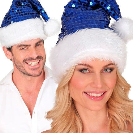 Widmann SRL Kerstman muts pluche en pailletten blauw Lotte