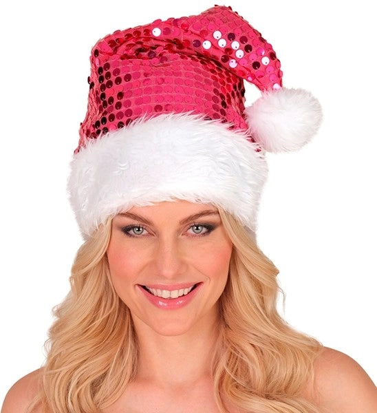 Widmann SRL Kerstman muts pluche en pailletten roze Joep