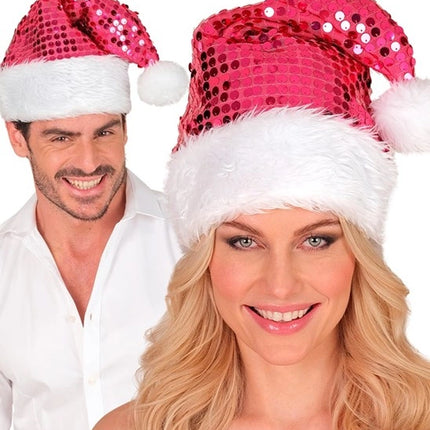 Widmann SRL Kerstman muts pluche en pailletten roze Joep