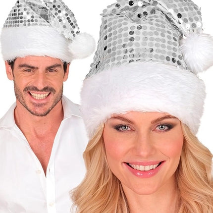 Widmann SRL Kerstman muts pluche en pailletten zilver Milan