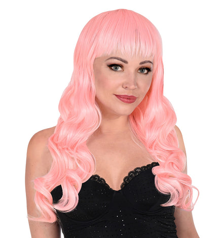 Widmann SRL Licht roze pruik met pony en lang krullend haar