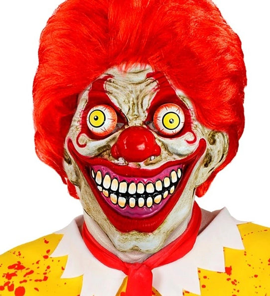 Masker met wiebelende ogen horror clown Liv met gele bolle ogen en brede tandengrijns voor Halloween