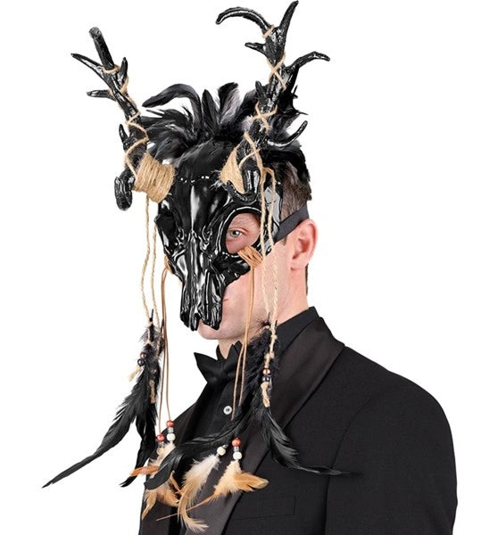 Widmann SRL Masker sjamaan schedel stier met zwarte veren Sem