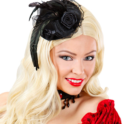 Widmann SRL Mini zwarte hoed met roos en veer op haarband