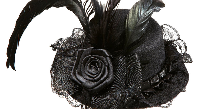 Widmann SRL Mini zwarte hoed met roos en veer op haarband