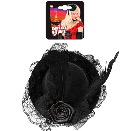 Widmann SRL Mini zwarte hoed met roos en veer op haarband