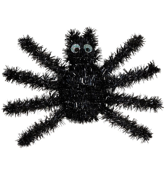 Nep zwarte spin van glanzende lametta met acht poten en zilverkleurige glitterogen, 36 bij 22 cm