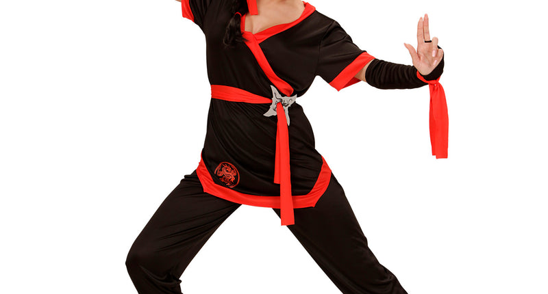 Widmann SRL Ninja pak dames zwart met broek, jas, riem, armwarmers en hoofdband