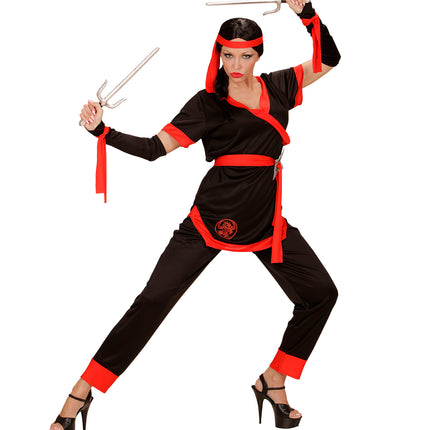 Widmann SRL Ninja pak dames zwart met broek, jas, riem, armwarmers en hoofdband