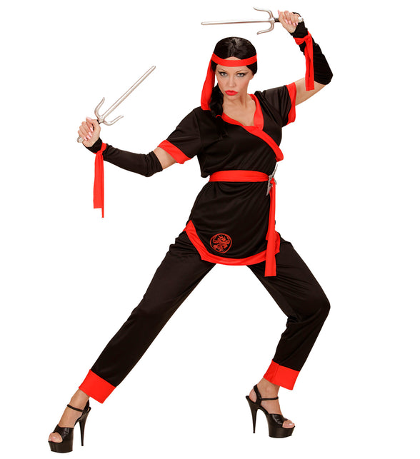 Widmann SRL Ninja pak dames zwart met broek, jas, riem, armwarmers en hoofdband