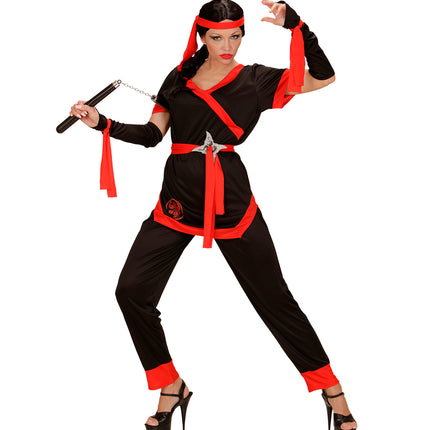 Widmann SRL Ninja pak dames zwart met broek, jas, riem, armwarmers en hoofdband