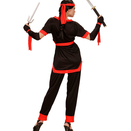 Widmann SRL Ninja pak dames zwart met broek, jas, riem, armwarmers en hoofdband