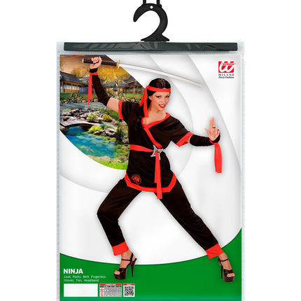 Widmann SRL Ninja pak dames zwart met broek, jas, riem, armwarmers en hoofdband