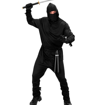 Widmann SRL Ninja pak heren zwart met kapmantel, broek, riem, masker, arm en been banden