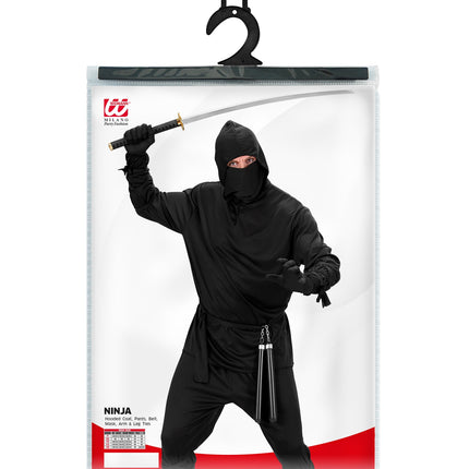 Widmann SRL Ninja pak heren zwart met kapmantel, broek, riem, masker, arm en been banden